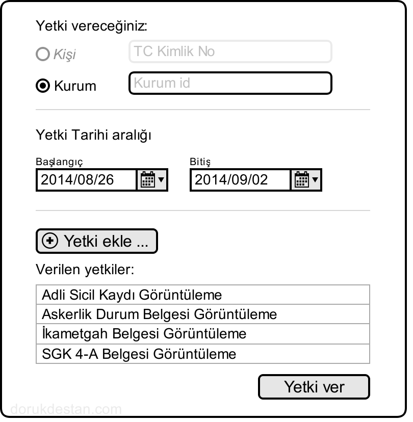 Yetkilendirme menüsü mockup olması gereken e-devlet bilgi paylaşım için yetkilendirme menüsü