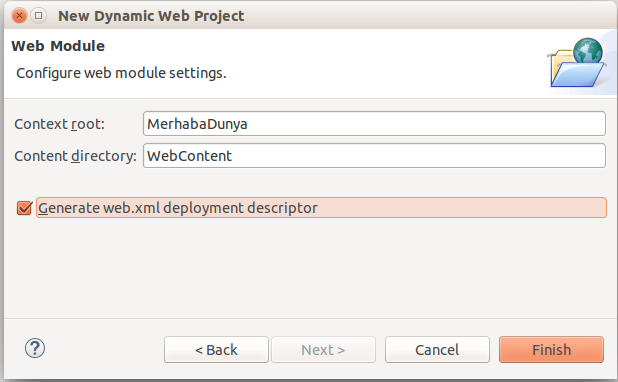 Eclipse'te yeni proje ekleme - Başlangıçta otomatik web.xml oluşturtma
