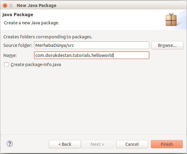 Eclipse'te yeni proje ekleme - Paketi adlandırma