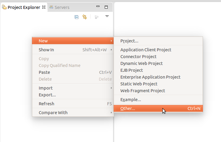 Eclipse'te yeni sunucu ekleme - Sağ tıklayarak açılan menü